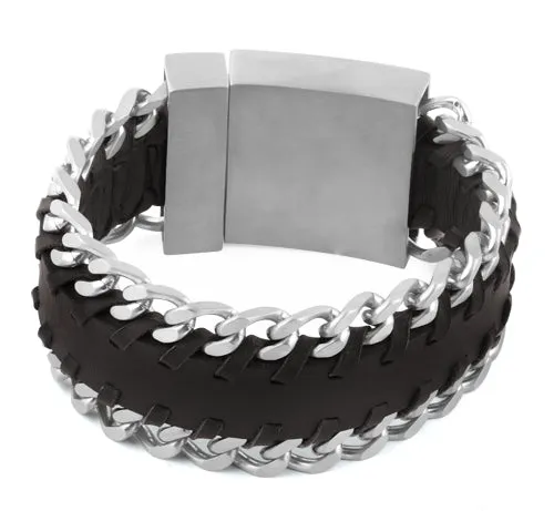Stainless Steel Woven Dark Brown Leather Bracelet