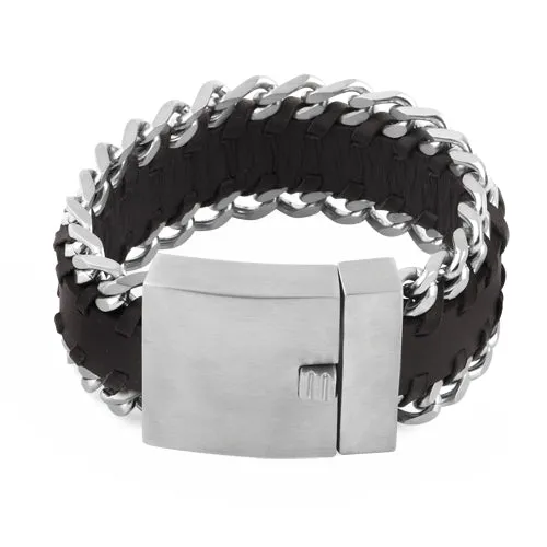 Stainless Steel Woven Dark Brown Leather Bracelet
