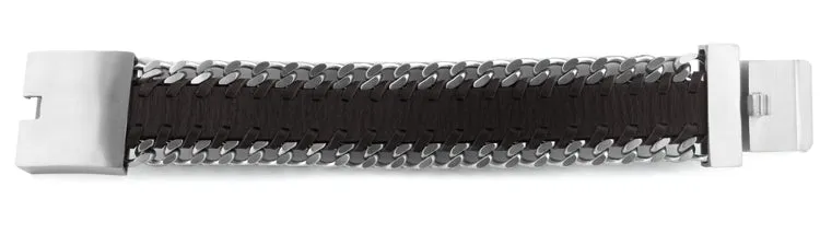 Stainless Steel Woven Dark Brown Leather Bracelet