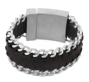 Stainless Steel Woven Dark Brown Leather Bracelet