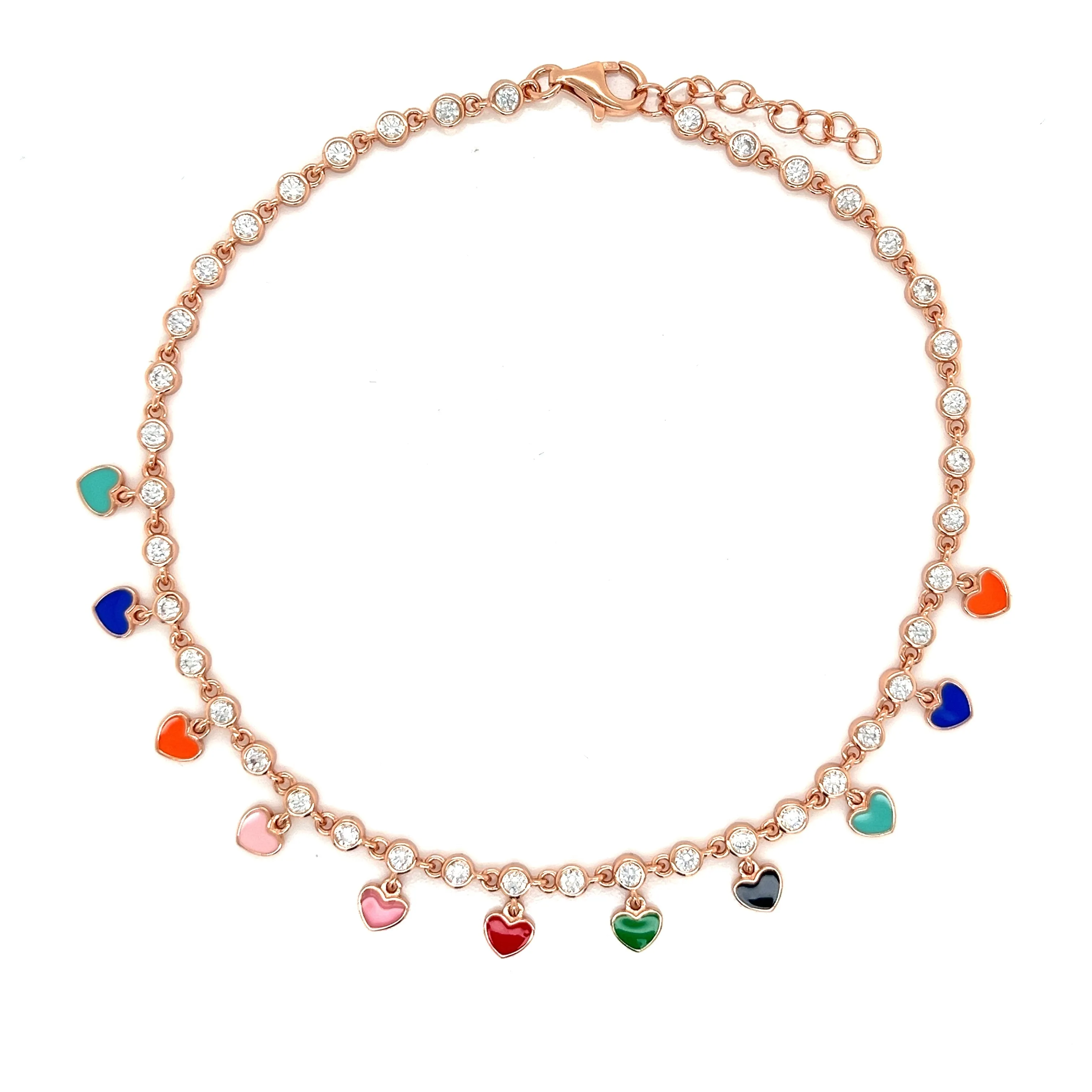 Sterling Colored Enamel Dangling Heart 9" Anklets with Cubic Zirconia Stones - C312619