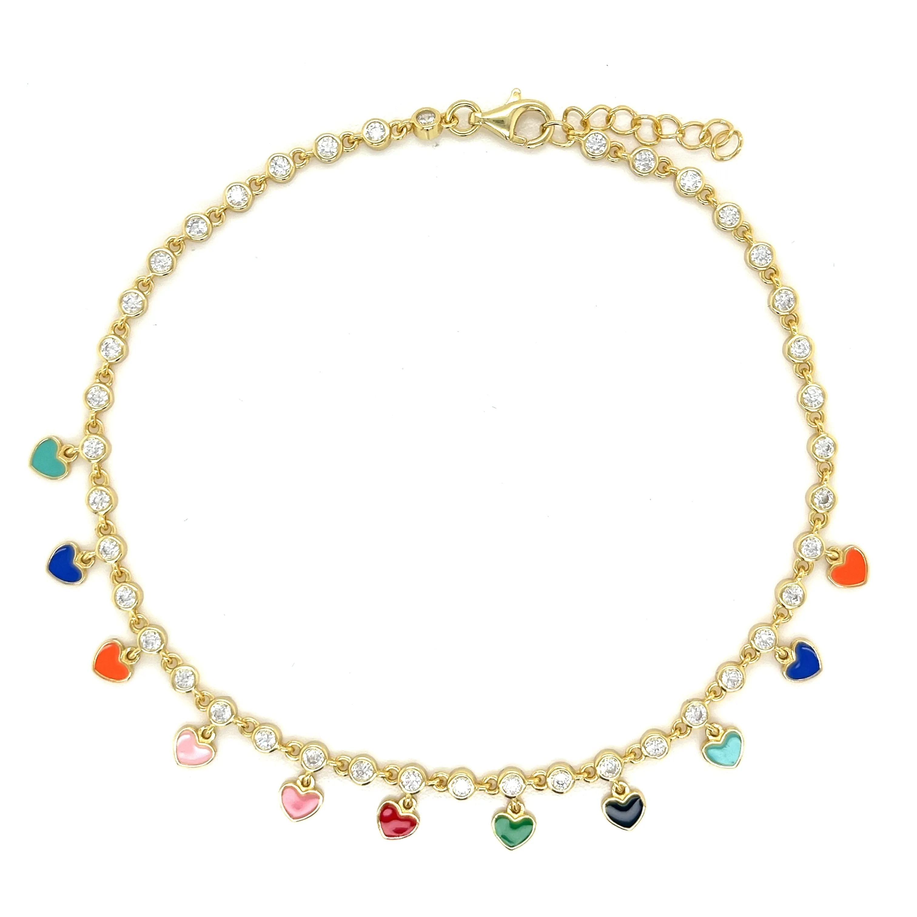 Sterling Colored Enamel Dangling Heart 9" Anklets with Cubic Zirconia Stones - C312619