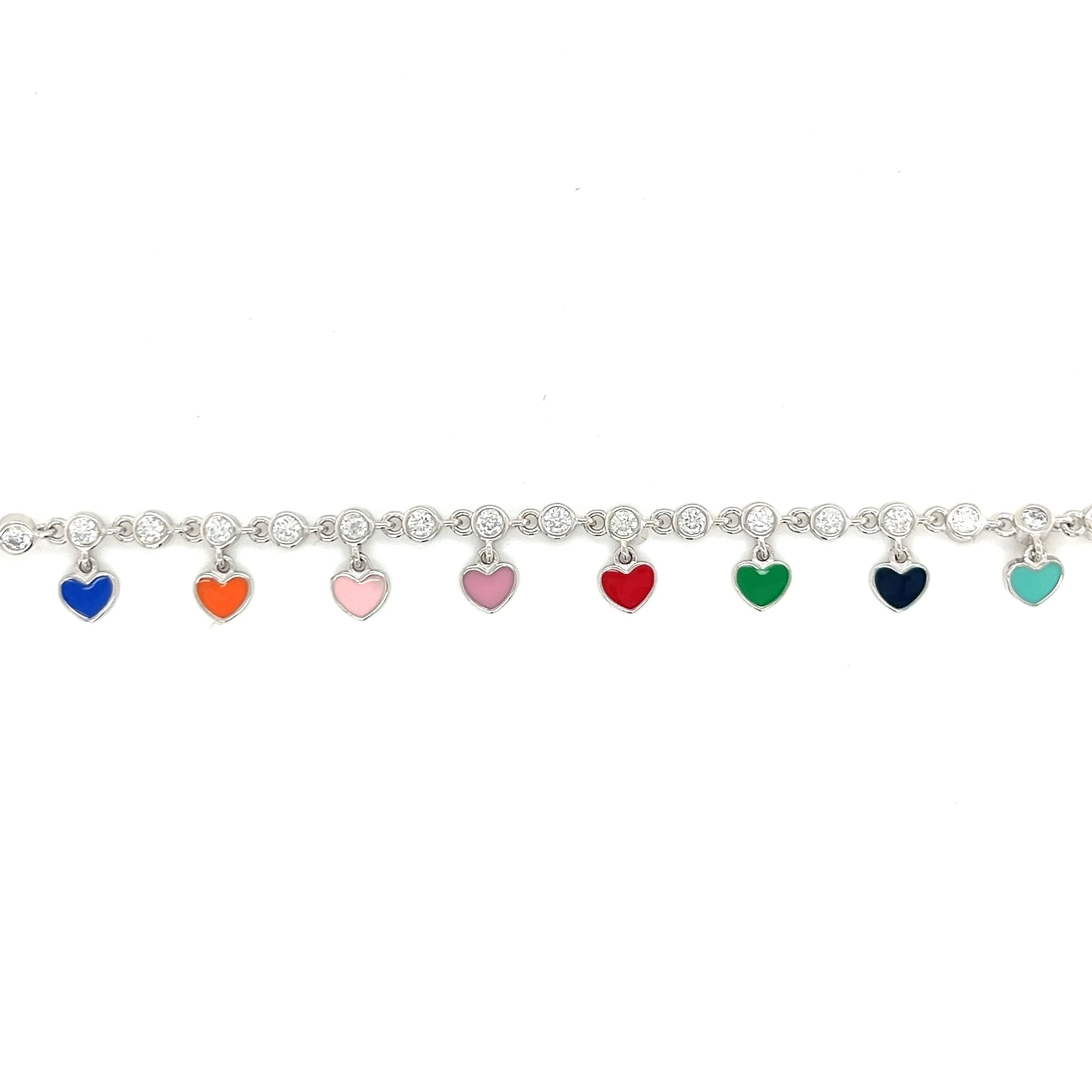 Sterling Colored Enamel Dangling Heart 9" Anklets with Cubic Zirconia Stones - C312619