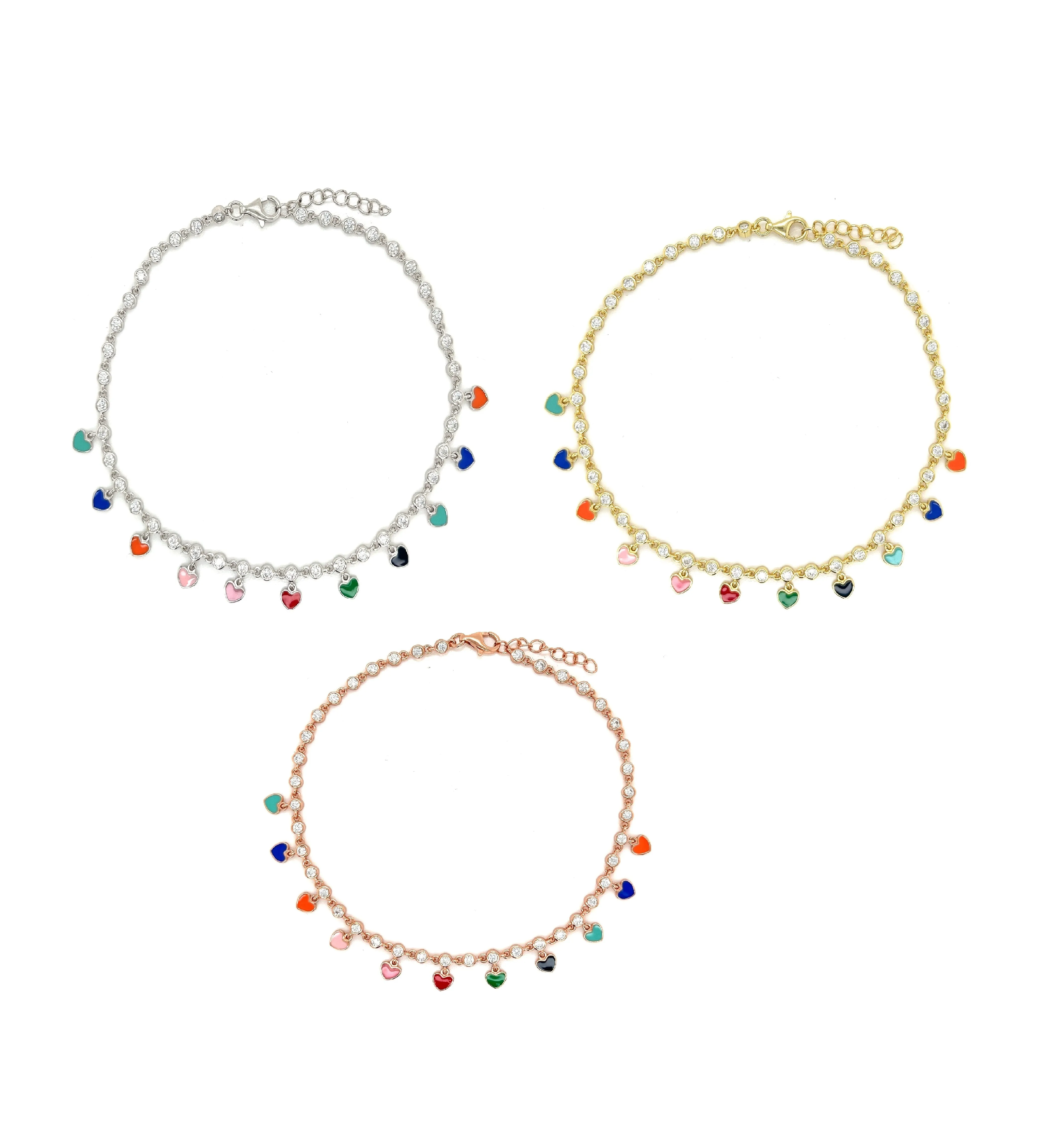 Sterling Colored Enamel Dangling Heart 9" Anklets with Cubic Zirconia Stones - C312619