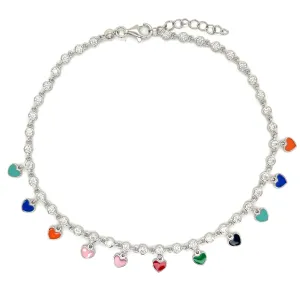 Sterling Colored Enamel Dangling Heart 9" Anklets with Cubic Zirconia Stones - C312619