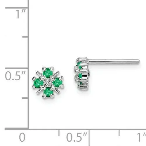 Sterling Silver Emerald   Diamond Mini Flower Stud Earrings