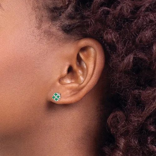 Sterling Silver Emerald   Diamond Mini Flower Stud Earrings