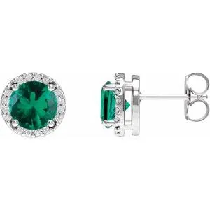 Sterling Silver Lab-Grown Emerald & .05 CTW Natural Diamond Halo-Style Earrings