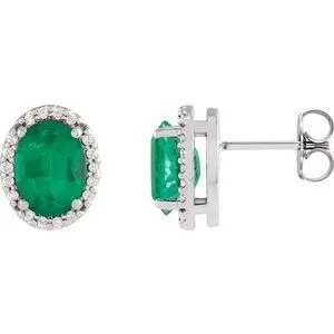 Sterling Silver Lab-Grown Emerald & .06 CTW Natural Diamond Halo-Style Earrings