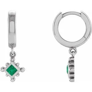 Sterling Silver Natural Emerald Beaded Bezel-Set Hoop Earrings