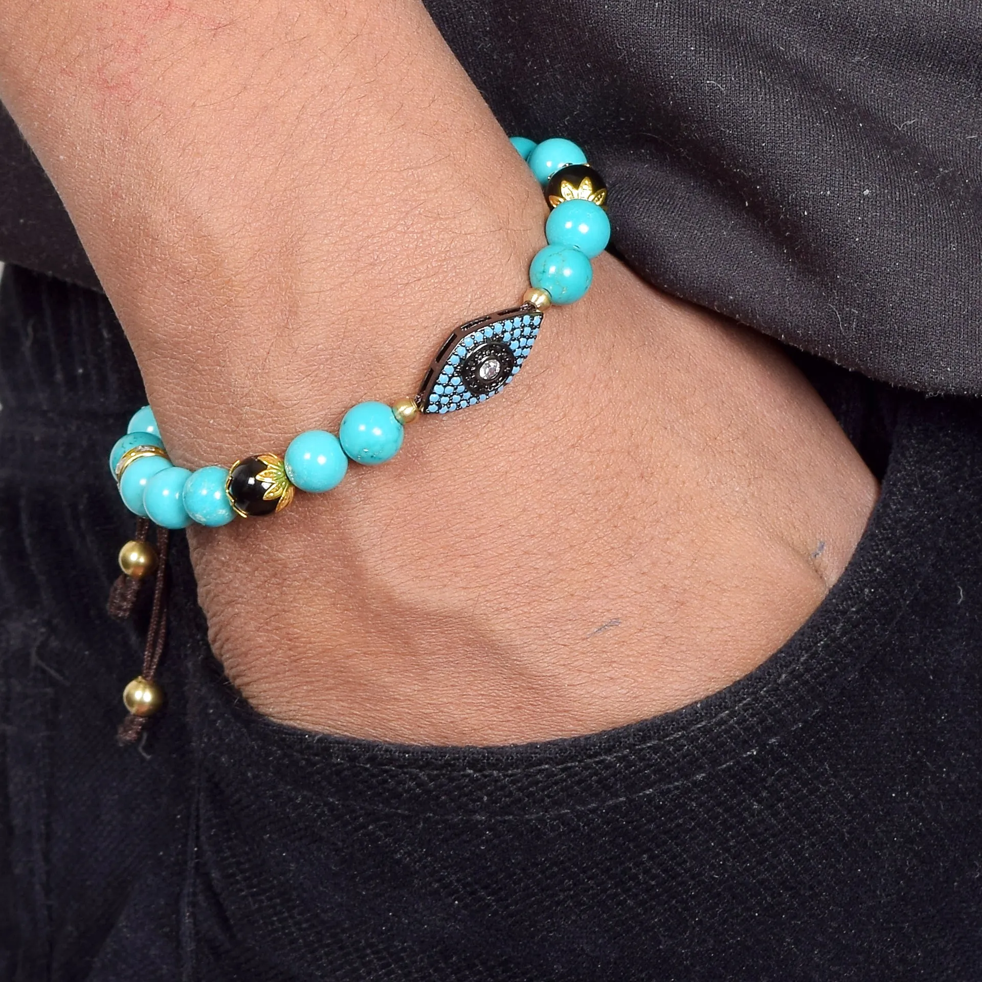 Tibetan Turquoise and Onyx  Evil Eye Charm Bracelet