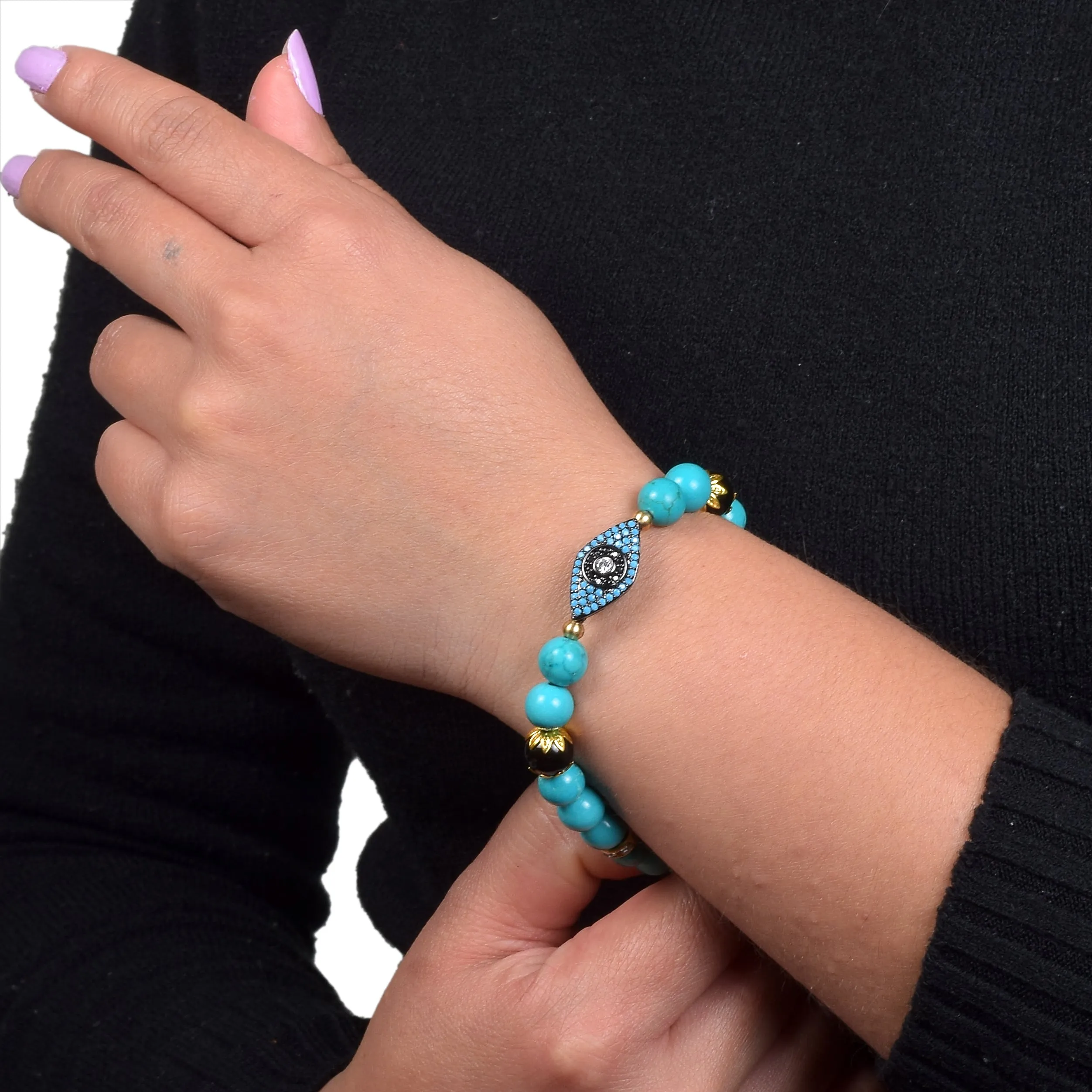 Tibetan Turquoise and Onyx  Evil Eye Charm Bracelet