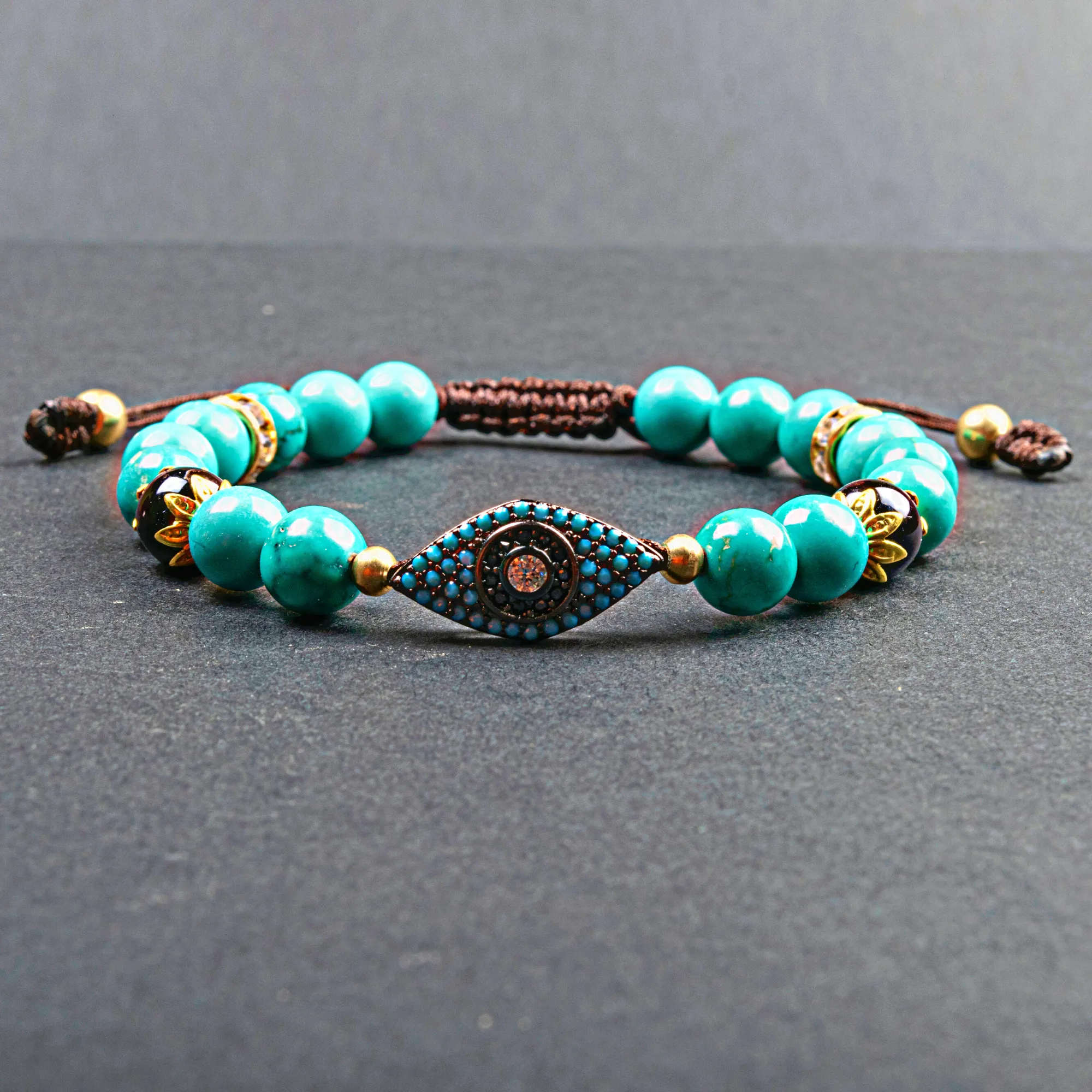 Tibetan Turquoise and Onyx  Evil Eye Charm Bracelet