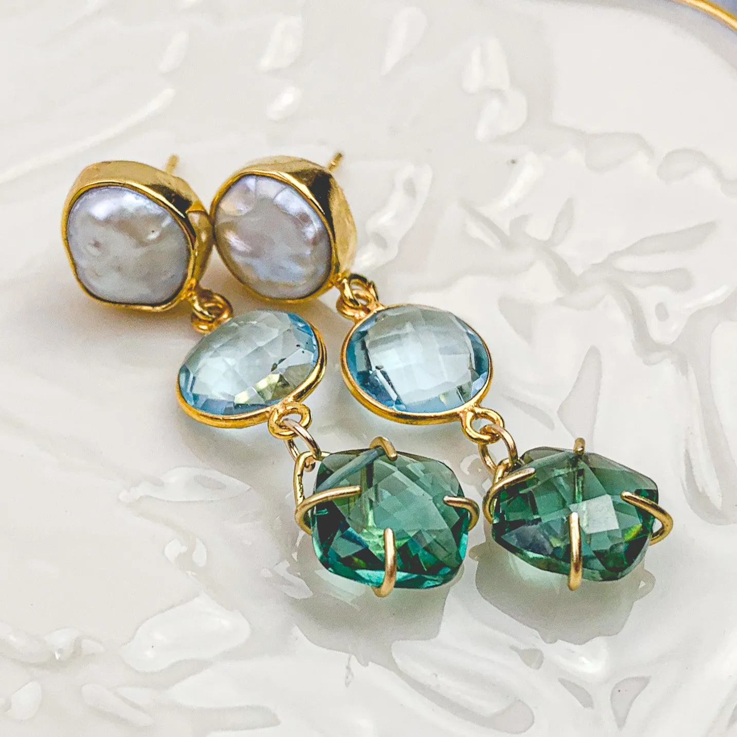 Tiffany-Inspired Pearl, Topaz Quartz & Emerald Quartz Drop Earrings