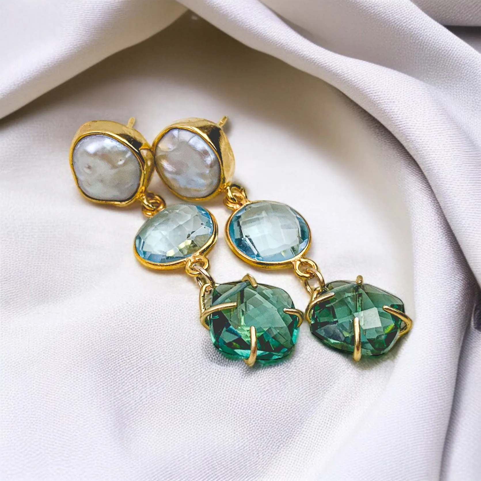 Tiffany-Inspired Pearl, Topaz Quartz & Emerald Quartz Drop Earrings
