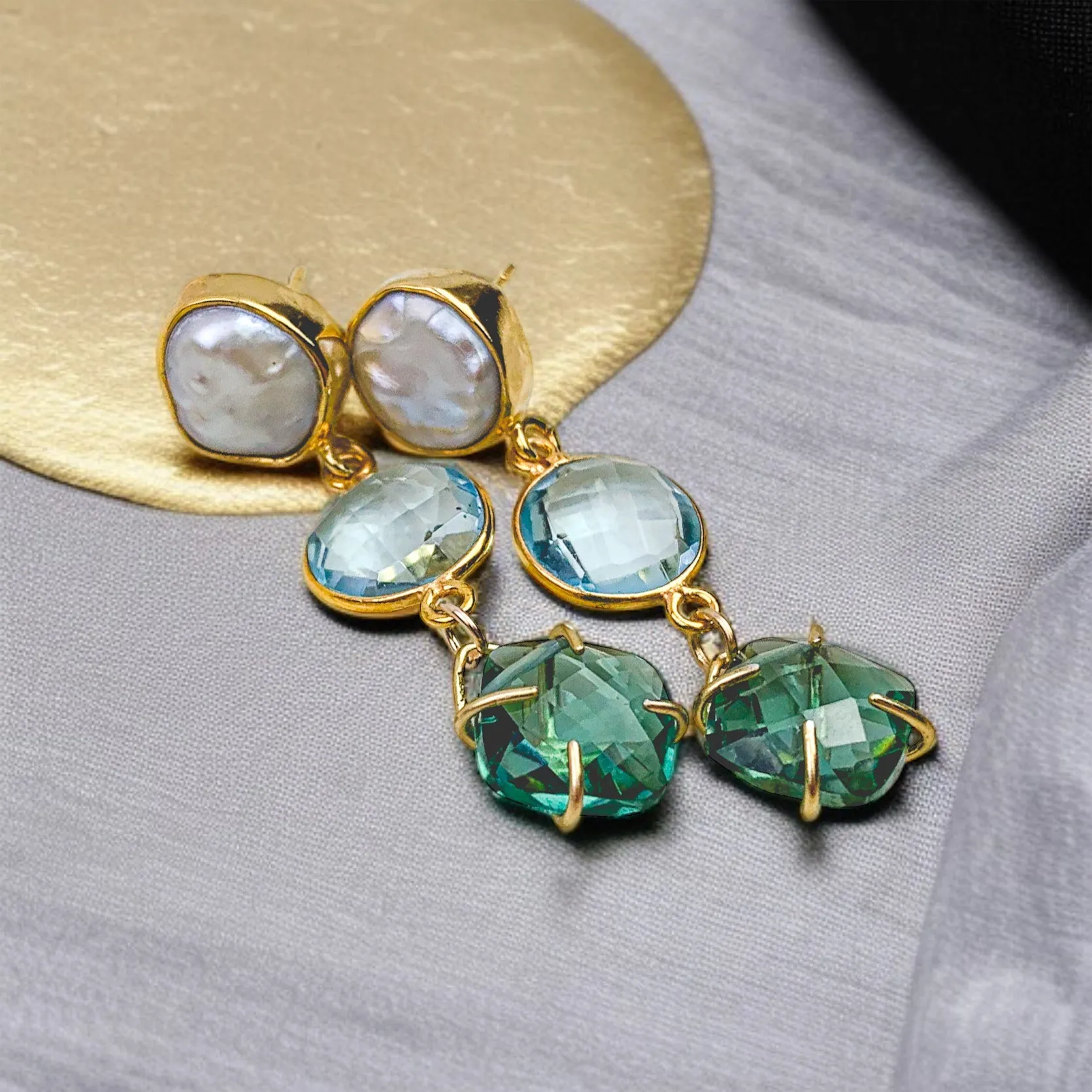 Tiffany-Inspired Pearl, Topaz Quartz & Emerald Quartz Drop Earrings