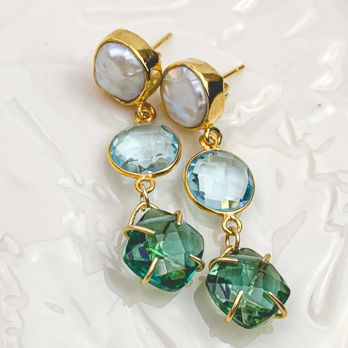Tiffany-Inspired Pearl, Topaz Quartz & Emerald Quartz Drop Earrings