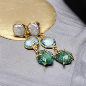 Tiffany-Inspired Pearl, Topaz Quartz & Emerald Quartz Drop Earrings