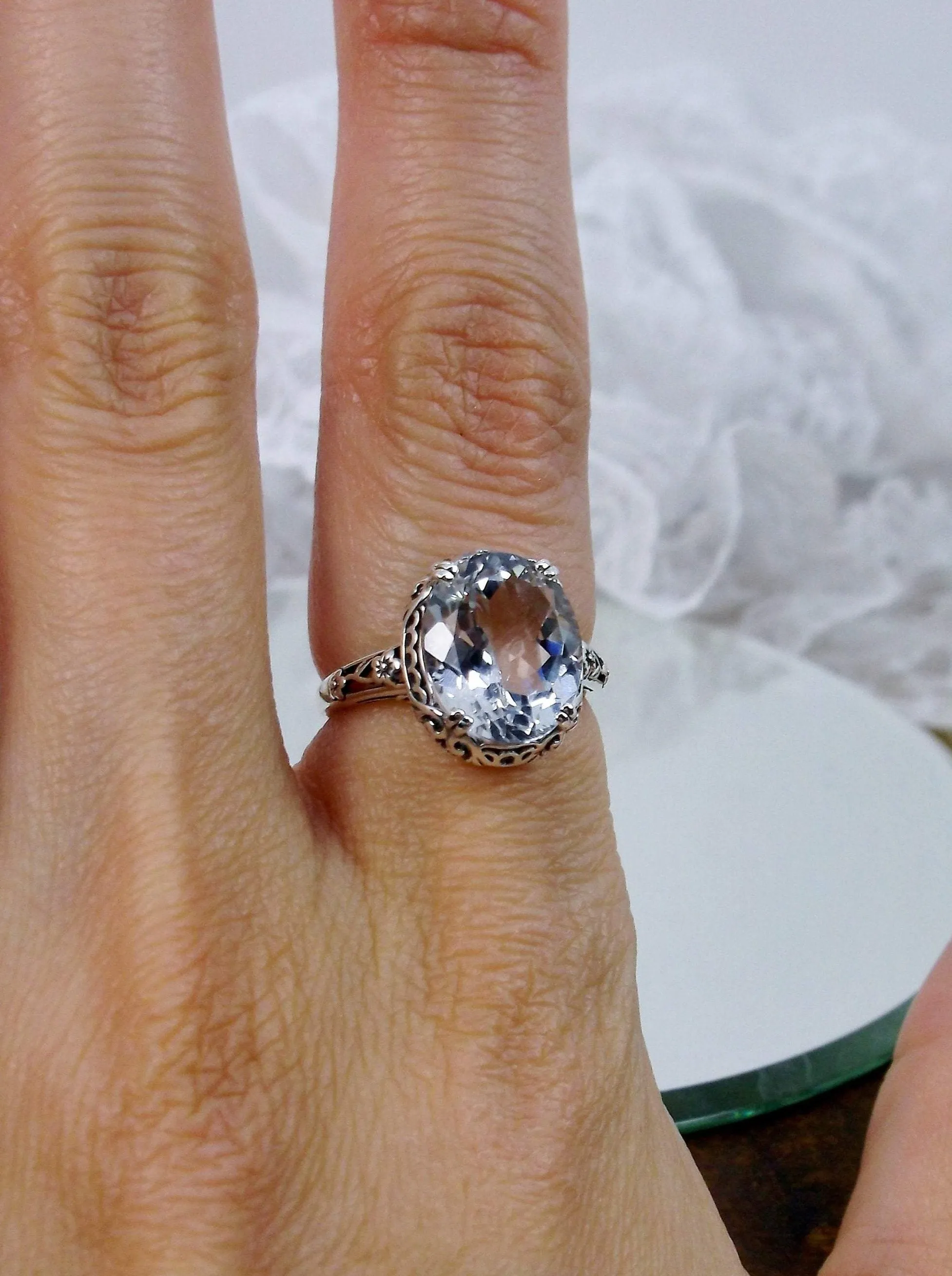 Topaz Ring, Natural White Topaz Gemstone, Edwardian Jewelry #D70z