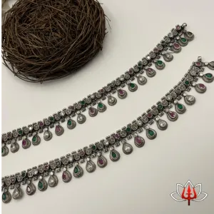 Traditional Antique Silver Anklets with Green & Maroon Stones