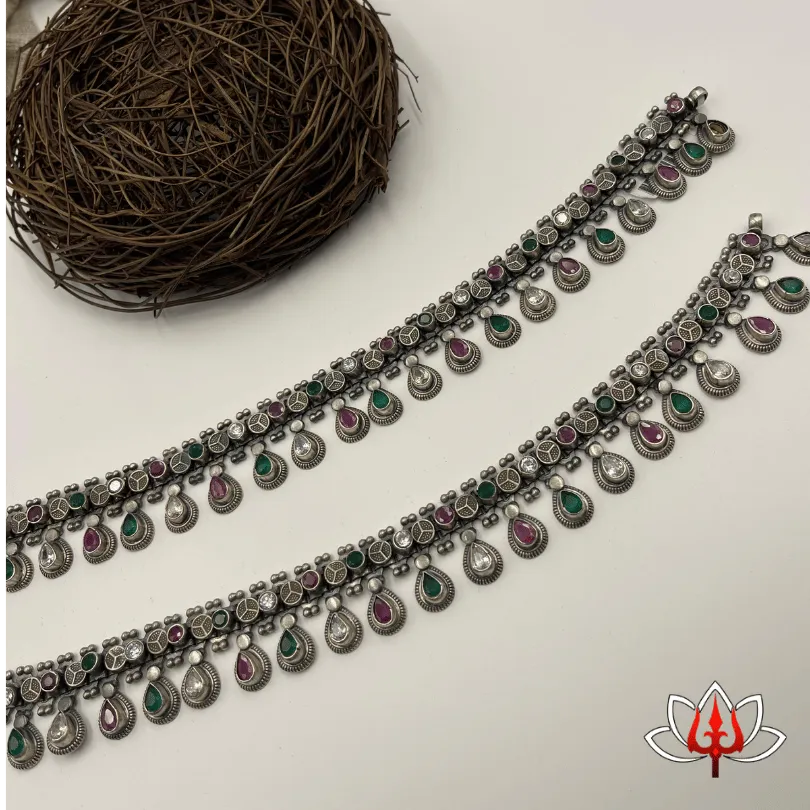 Traditional Antique Silver Anklets with Green & Maroon Stones