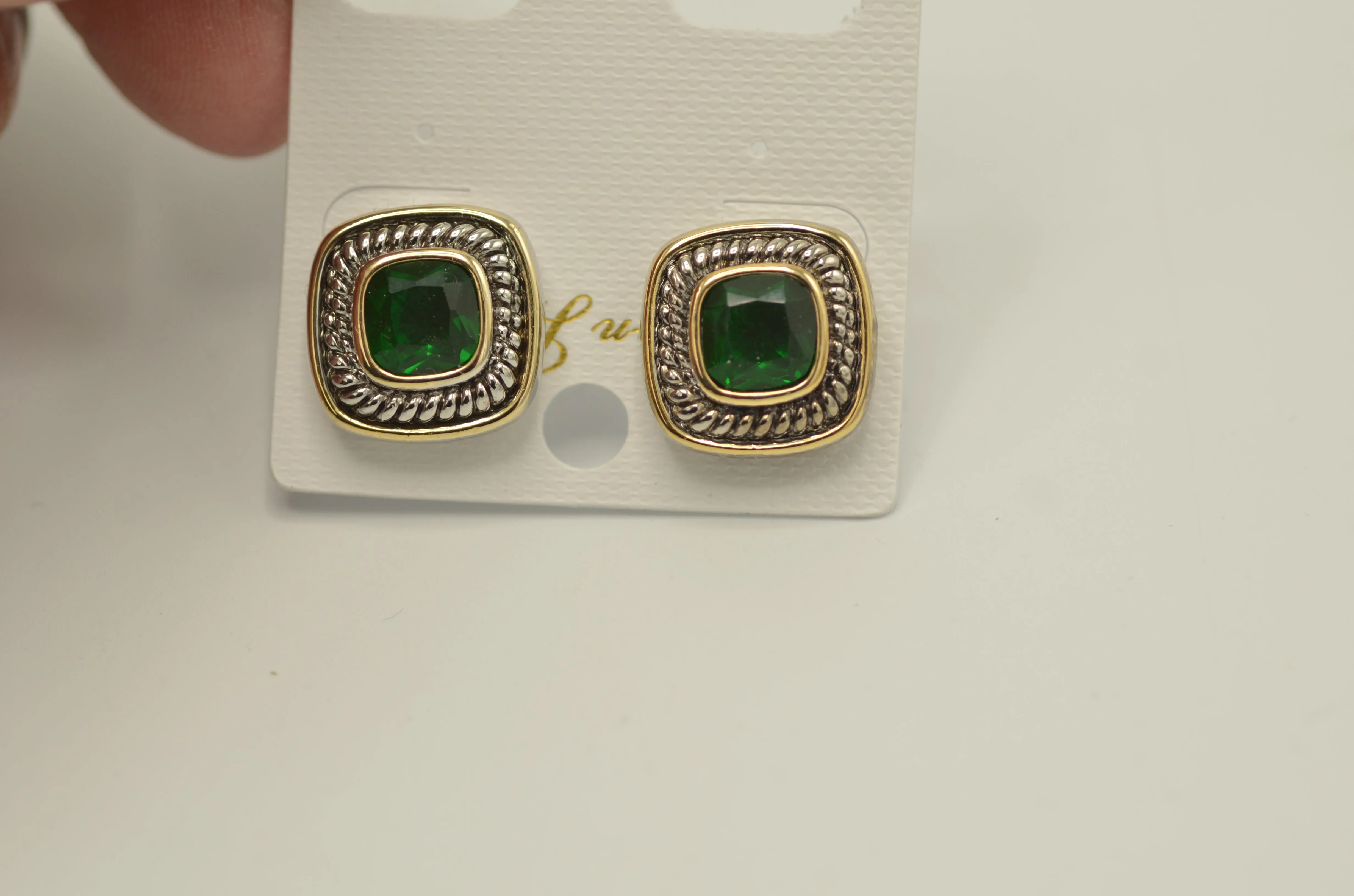 Two Tone Emerald  Square cable Earrings for Women #73014ER-EM-GR  (FF9)