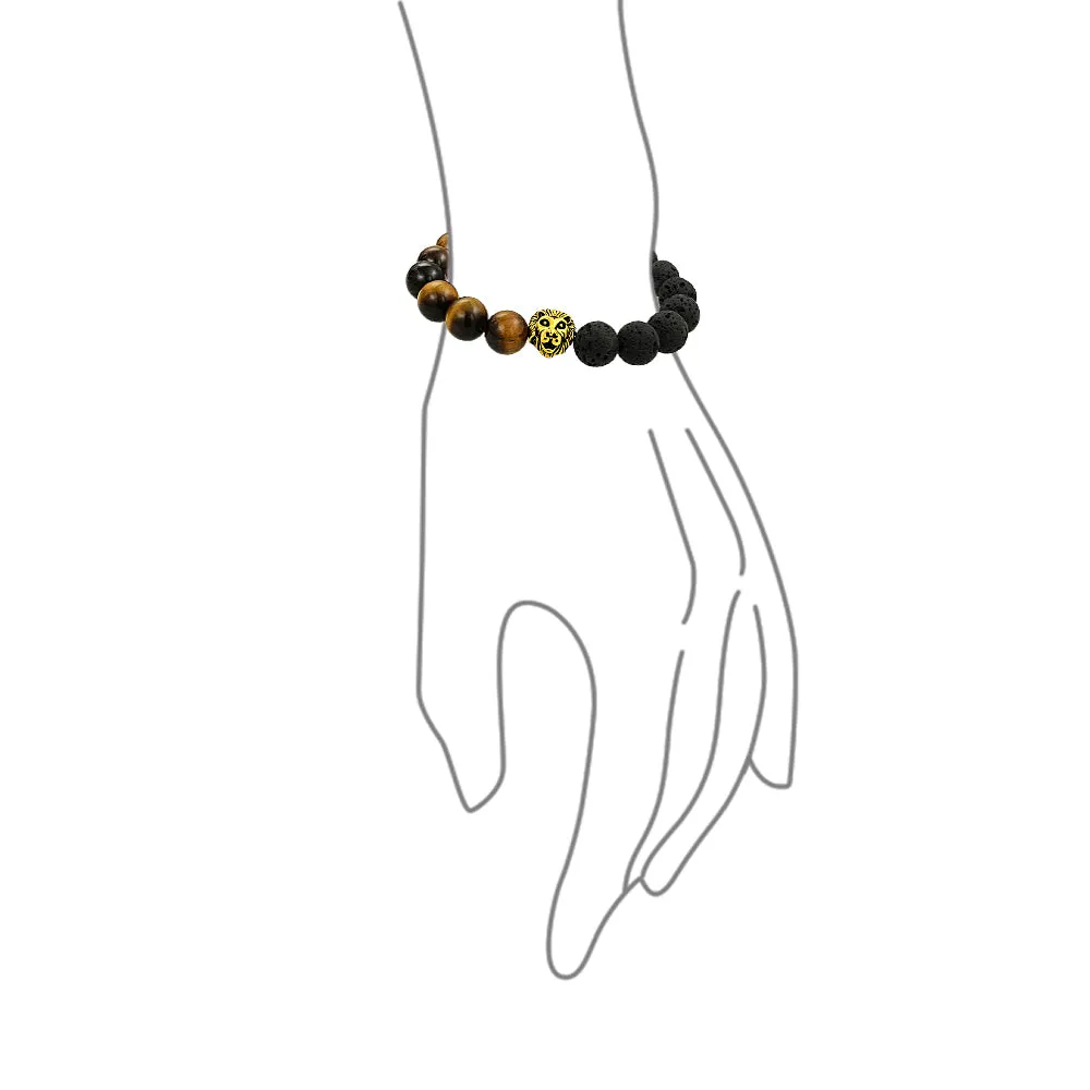 Unisex Jungle Animal Stretch Bracelet Tiger Eye & Lava Rock Beads Gold or Onyx