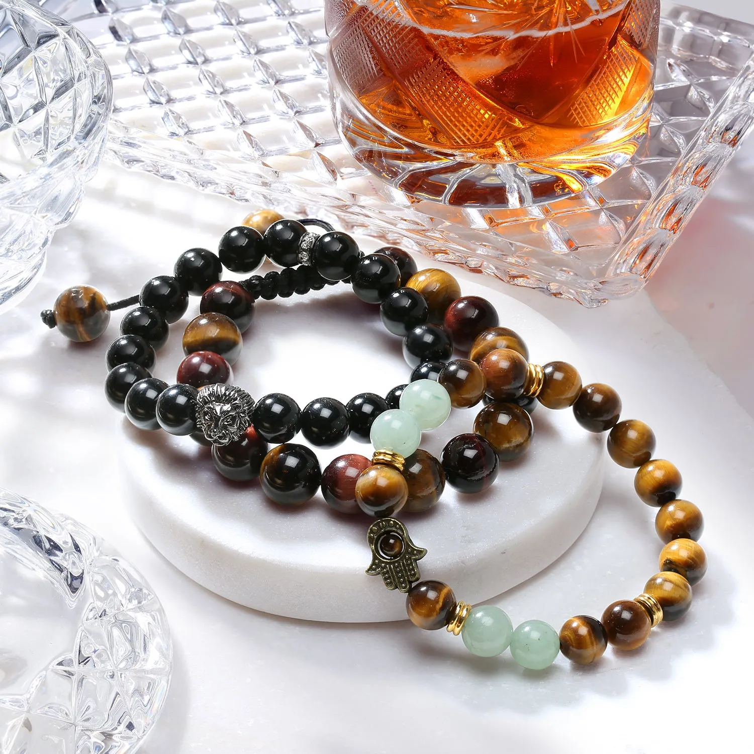 Unisex Jungle Animal Stretch Bracelet Tiger Eye & Lava Rock Beads Gold or Onyx