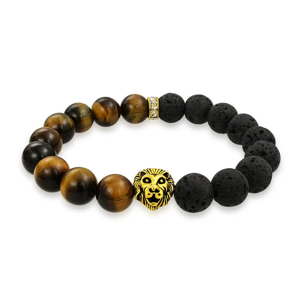 Unisex Jungle Animal Stretch Bracelet Tiger Eye & Lava Rock Beads Gold or Onyx