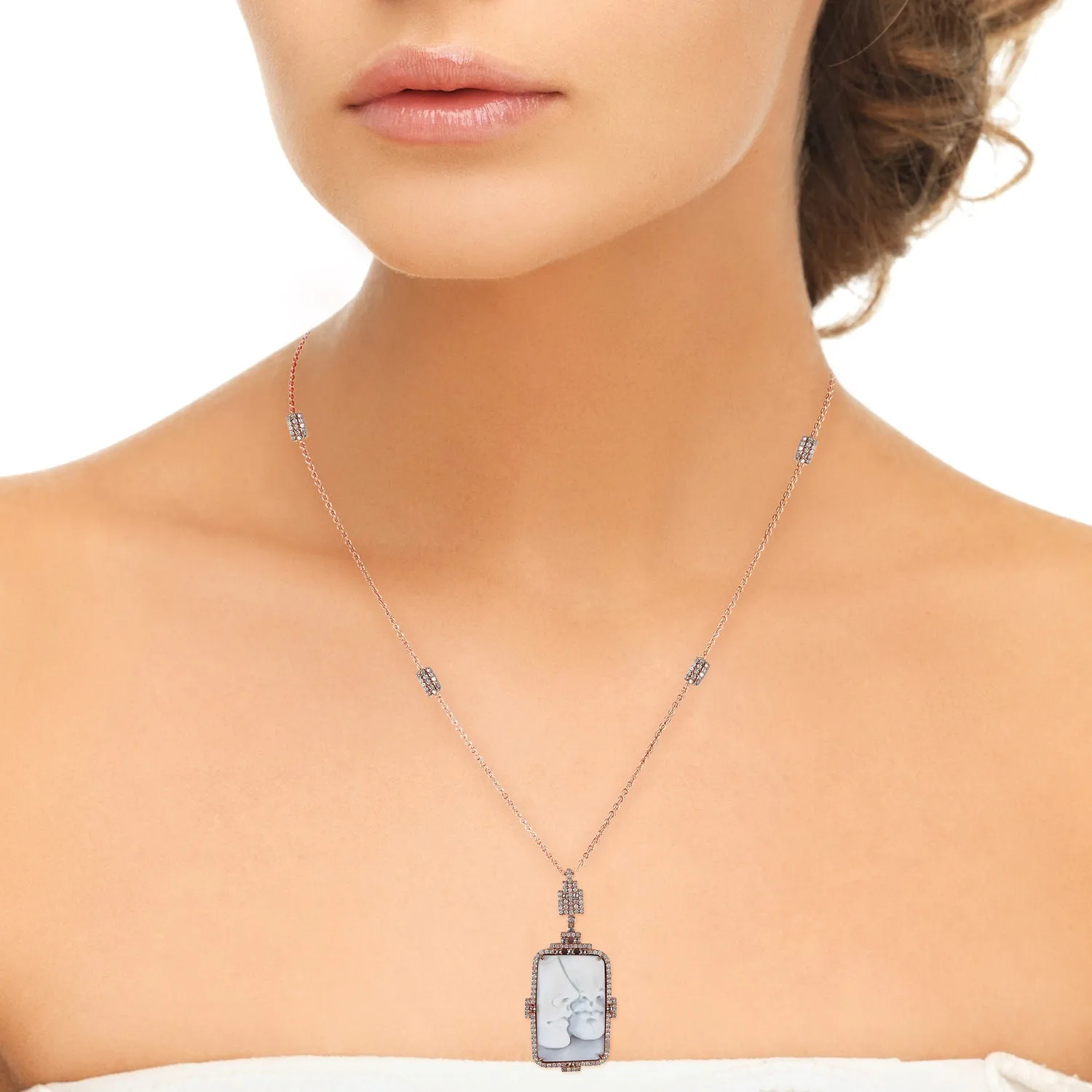 Unshaped Shell Cameo Pave Diamond In Rose Gold Mother Baby Chain Necklace On Sale