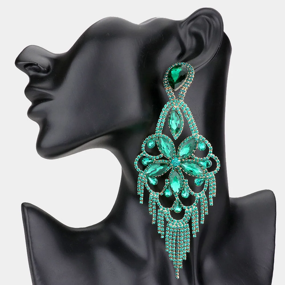 Very Large Light Weight Emerald Crystal Flower Fringe Earrings | 569278