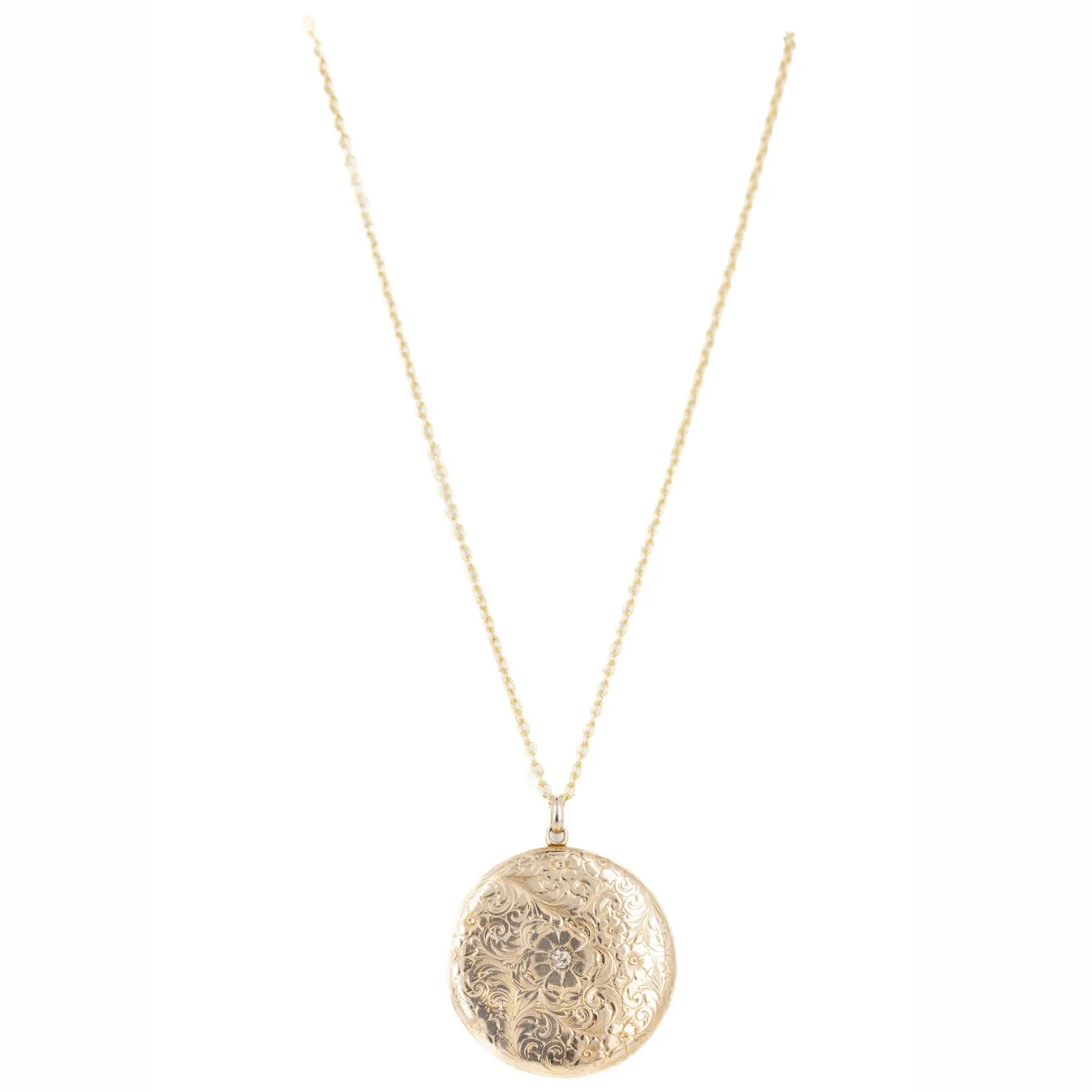 Victorian 10K Yellow Gold Acid Etched Old European Diamond Locket Necklace