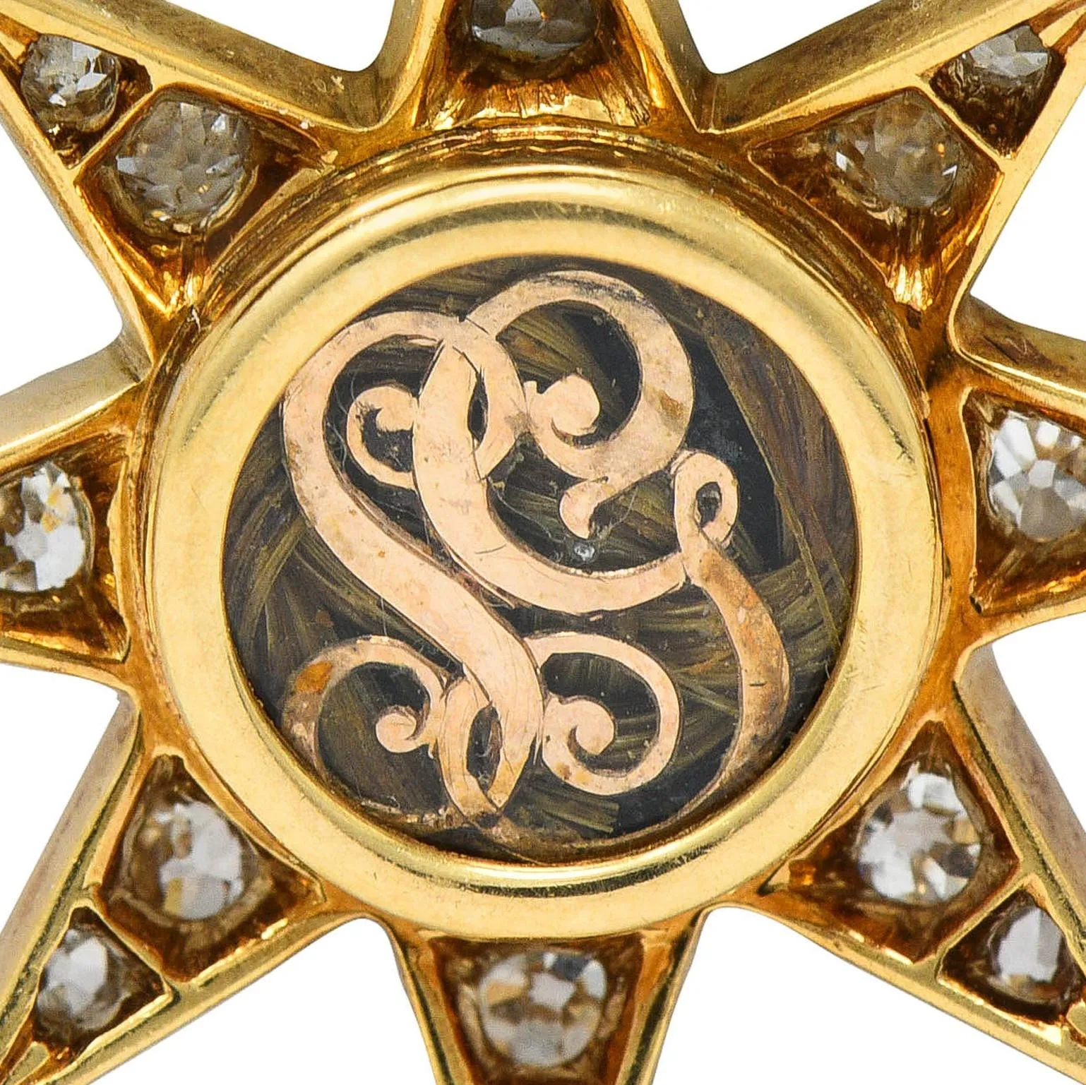 Victorian 1.22 CTW Diamond 18 Karat Yellow Gold Hair Starburst Antique Mourning Pendant