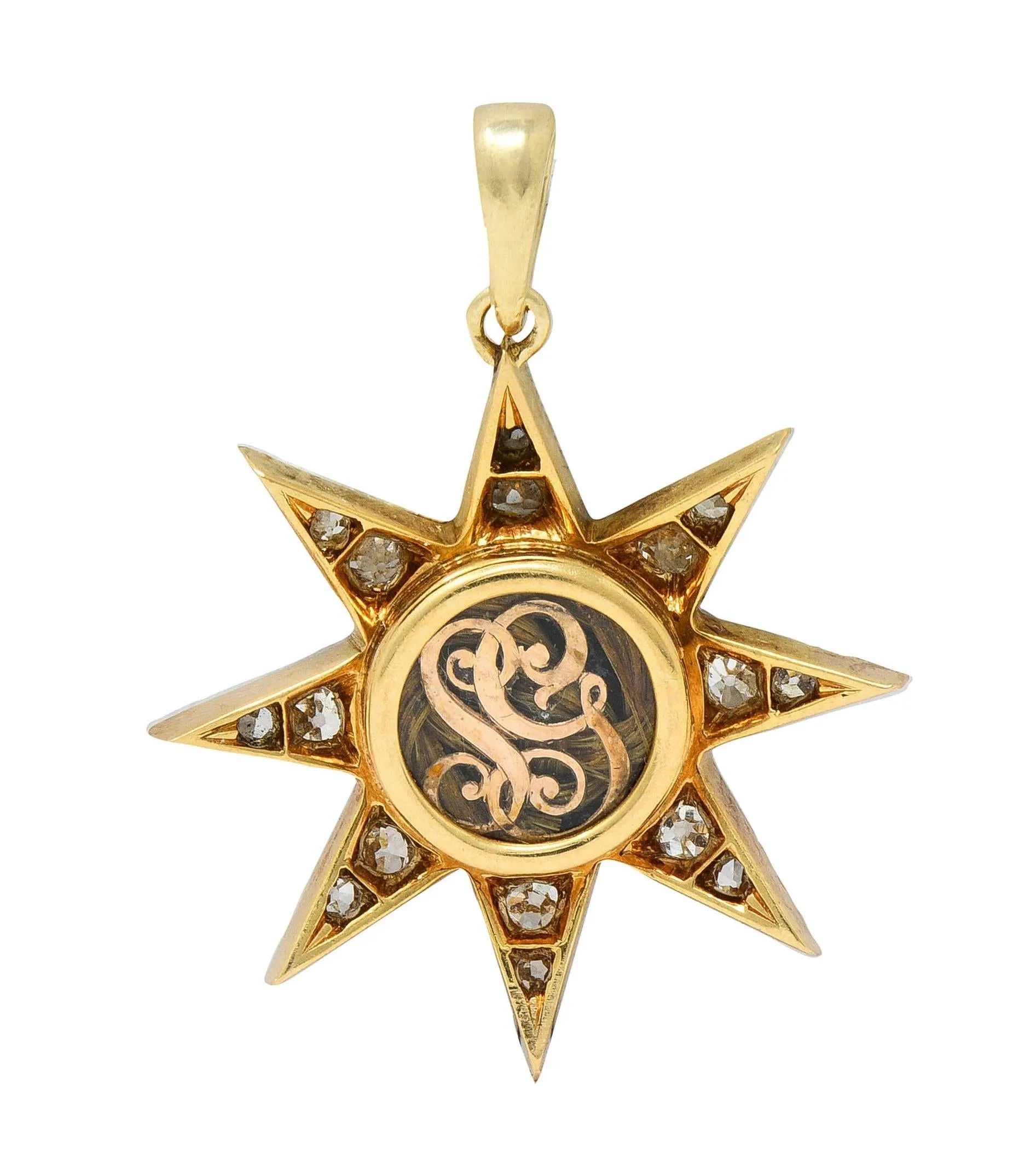 Victorian 1.22 CTW Diamond 18 Karat Yellow Gold Hair Starburst Antique Mourning Pendant