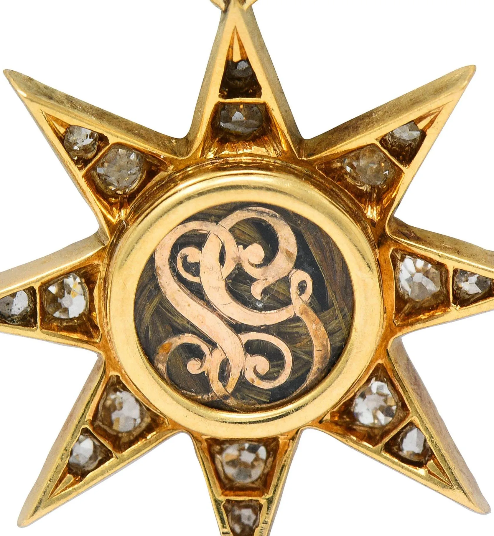 Victorian 1.22 CTW Diamond 18 Karat Yellow Gold Hair Starburst Antique Mourning Pendant