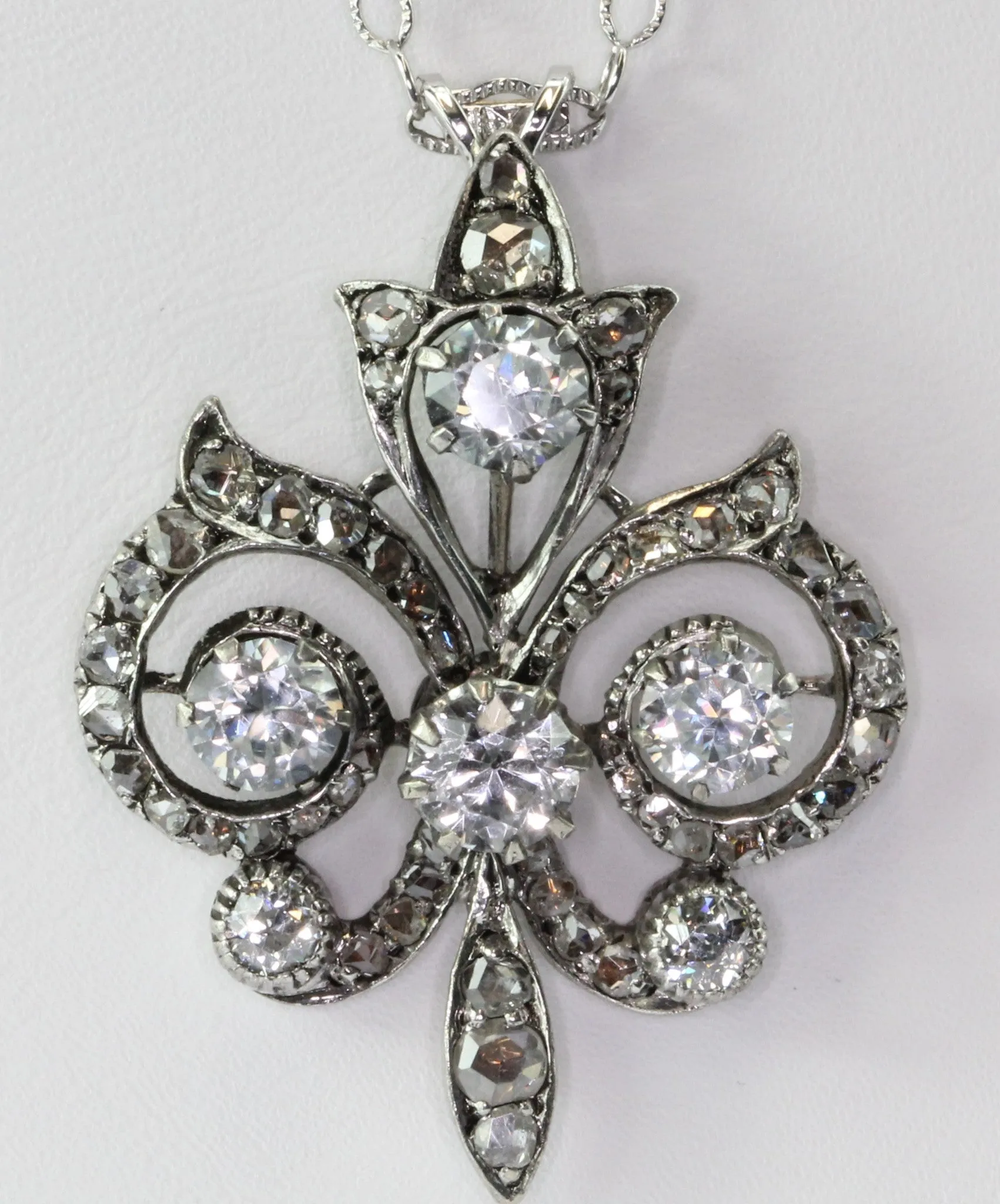 Victorian 14K White Gold Fleur de Lis w/ Rose Cut Diamonds & Sapphires Necklace