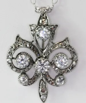 Victorian 14K White Gold Fleur de Lis w/ Rose Cut Diamonds & Sapphires Necklace