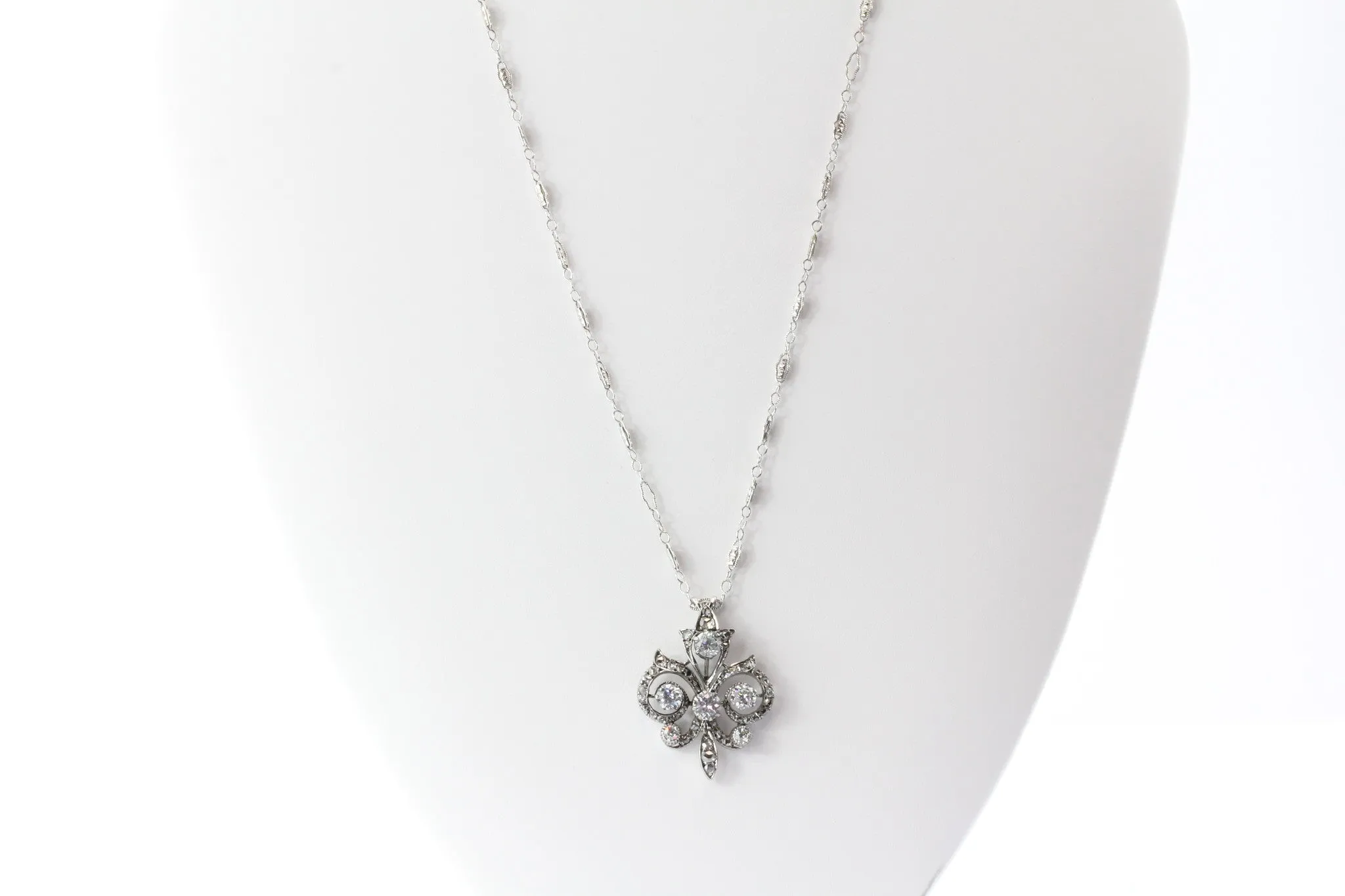 Victorian 14K White Gold Fleur de Lis w/ Rose Cut Diamonds & Sapphires Necklace
