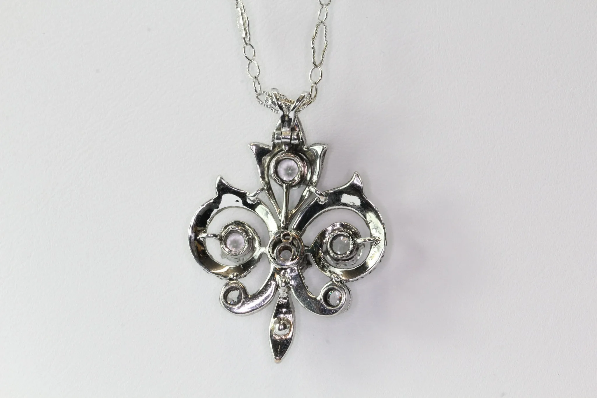 Victorian 14K White Gold Fleur de Lis w/ Rose Cut Diamonds & Sapphires Necklace