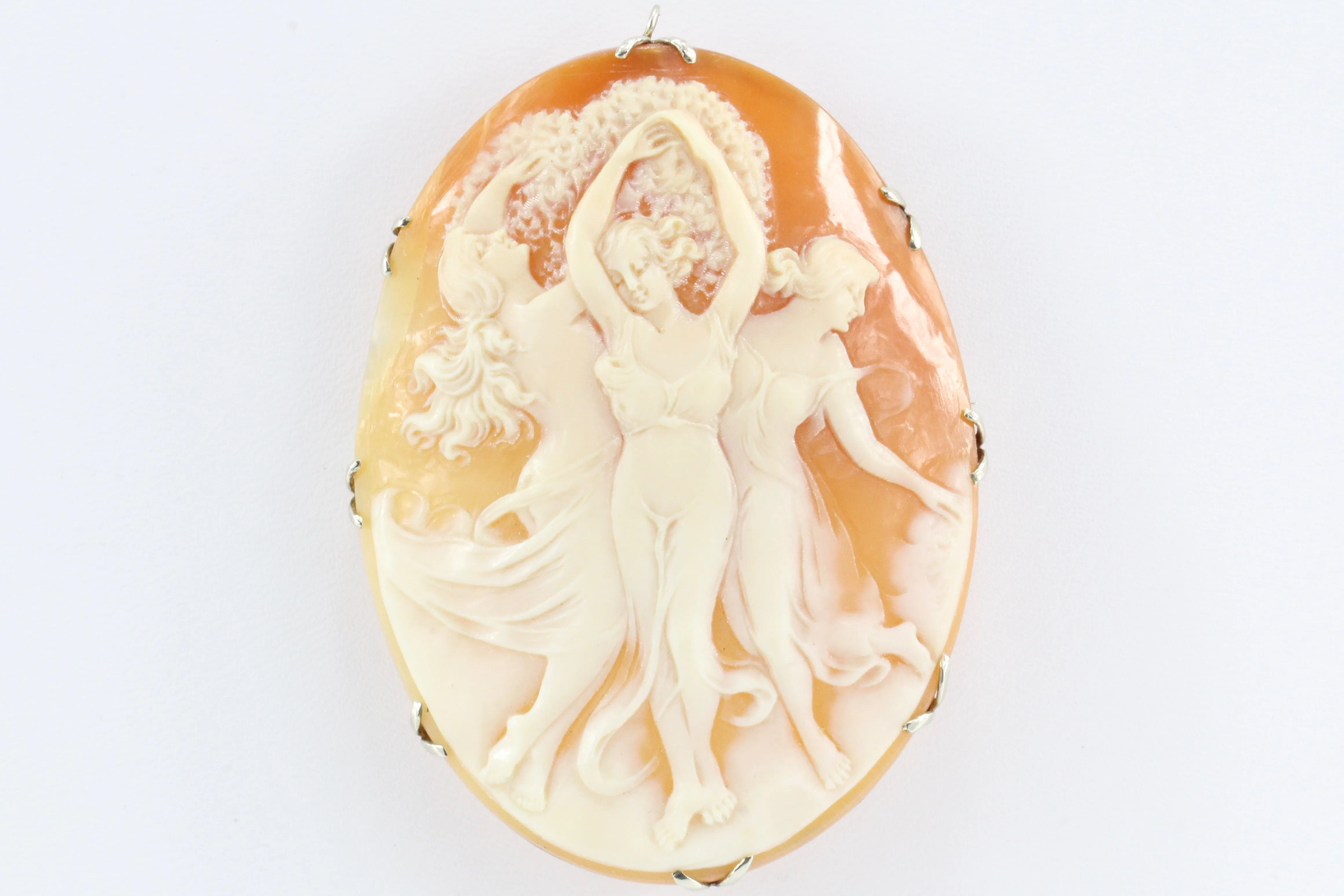 Victorian 14K White Gold Large Three Graces Carved Cameo Pendant/ Brooch c.1890