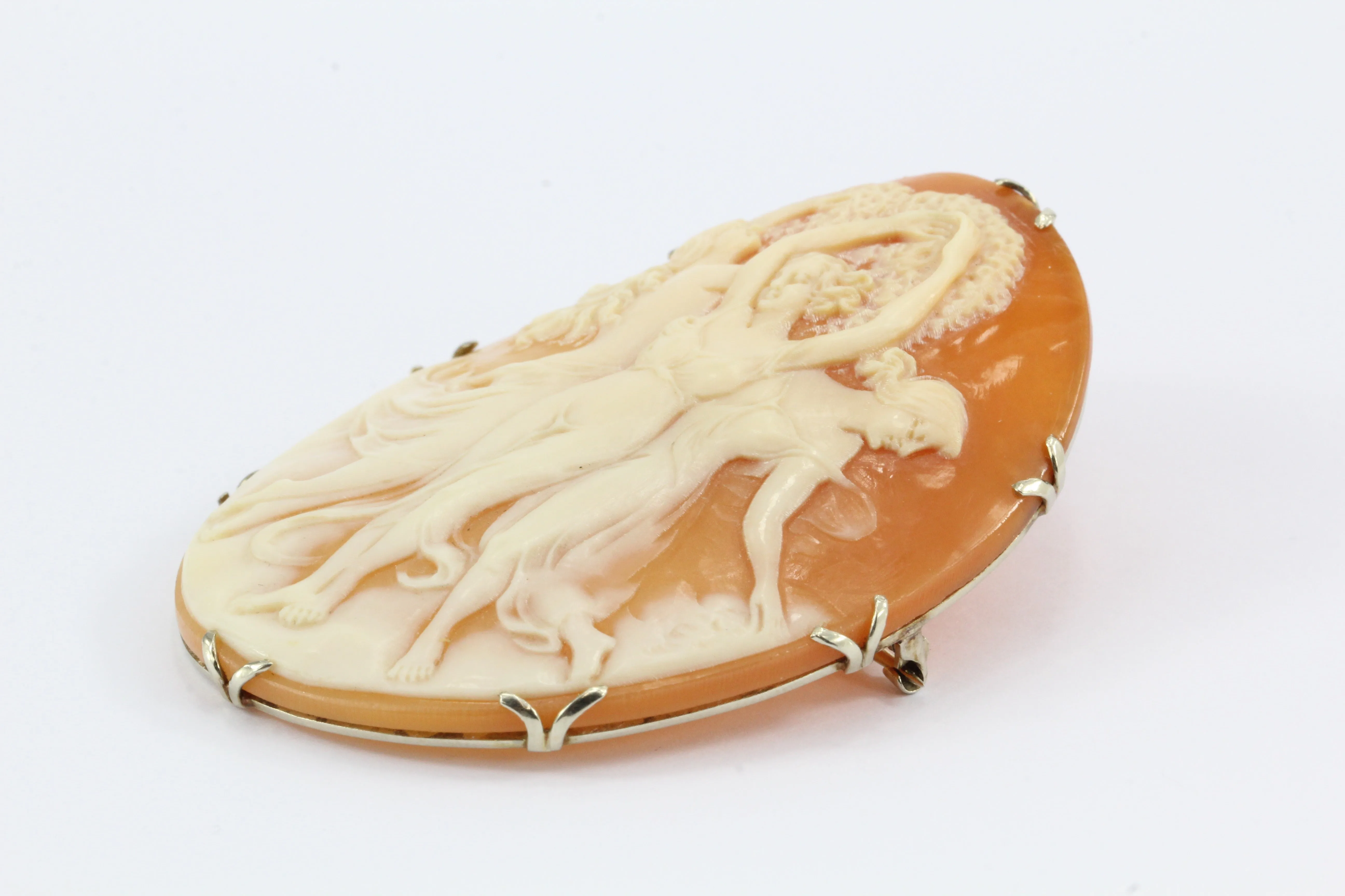 Victorian 14K White Gold Large Three Graces Carved Cameo Pendant/ Brooch c.1890