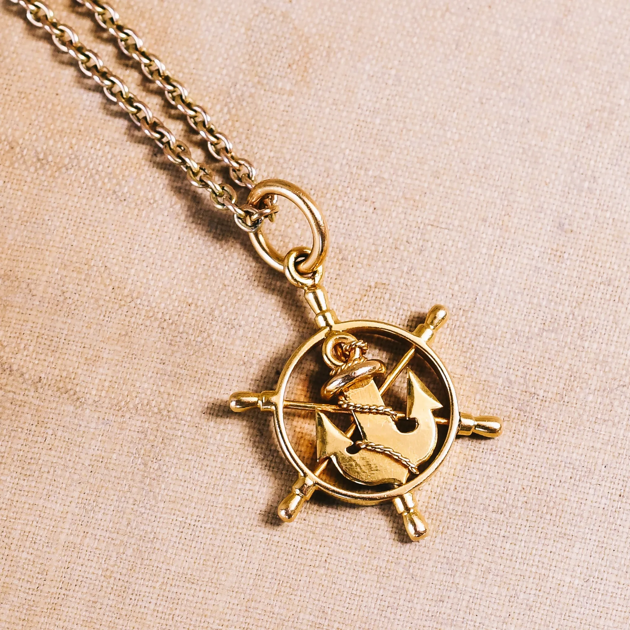Victorian 18k Gold Ship's Wheel & Anchor Pendant