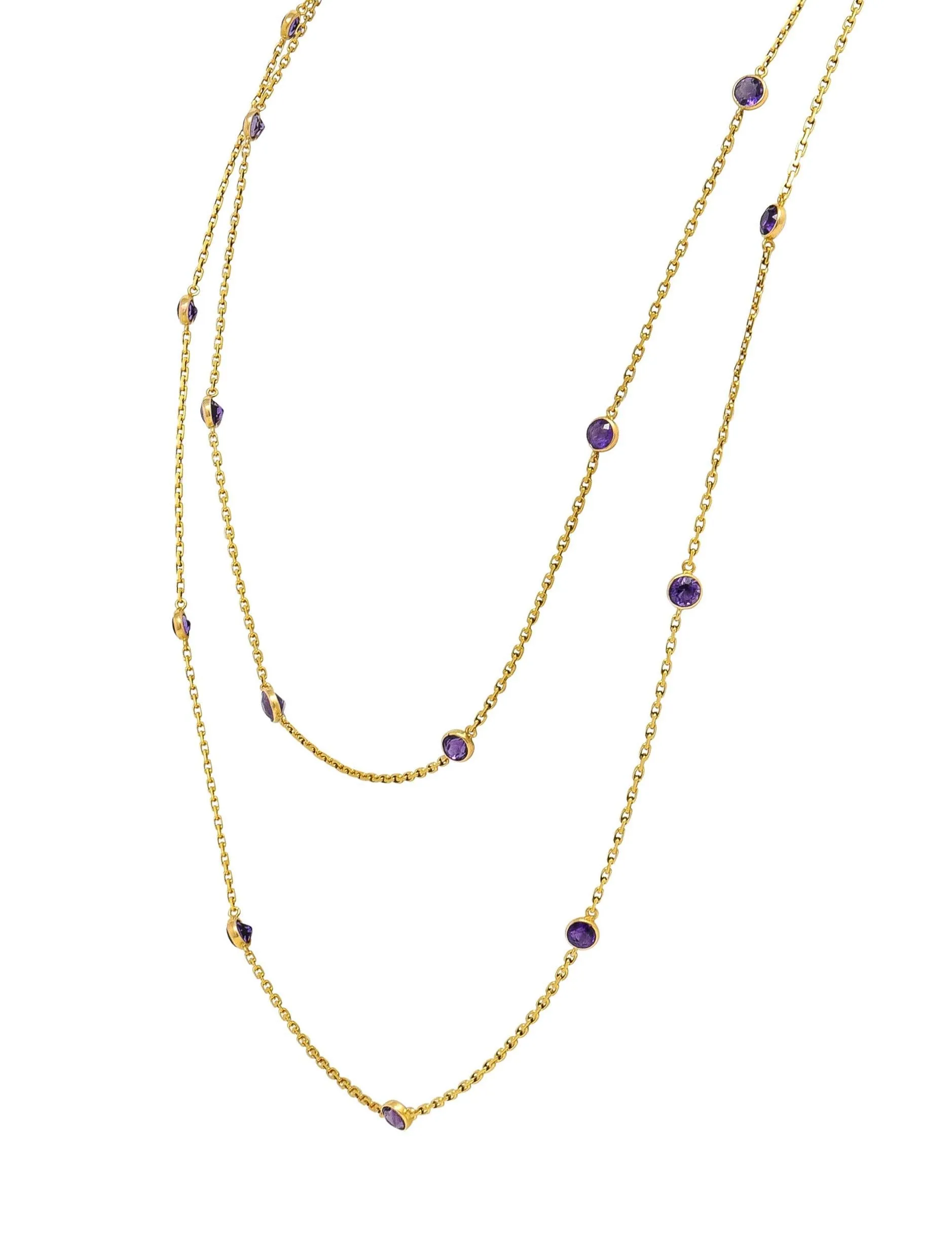 Victorian Amethyst 18 Karat Yellow Gold 59 IN Long Antique Station Chain Necklace
