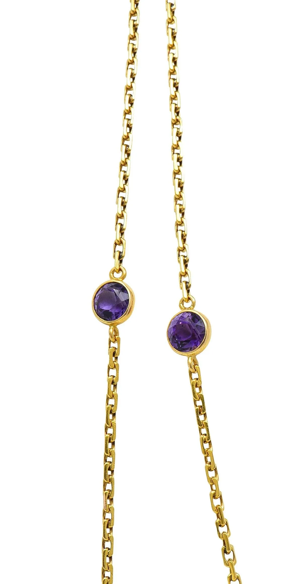 Victorian Amethyst 18 Karat Yellow Gold 59 IN Long Antique Station Chain Necklace