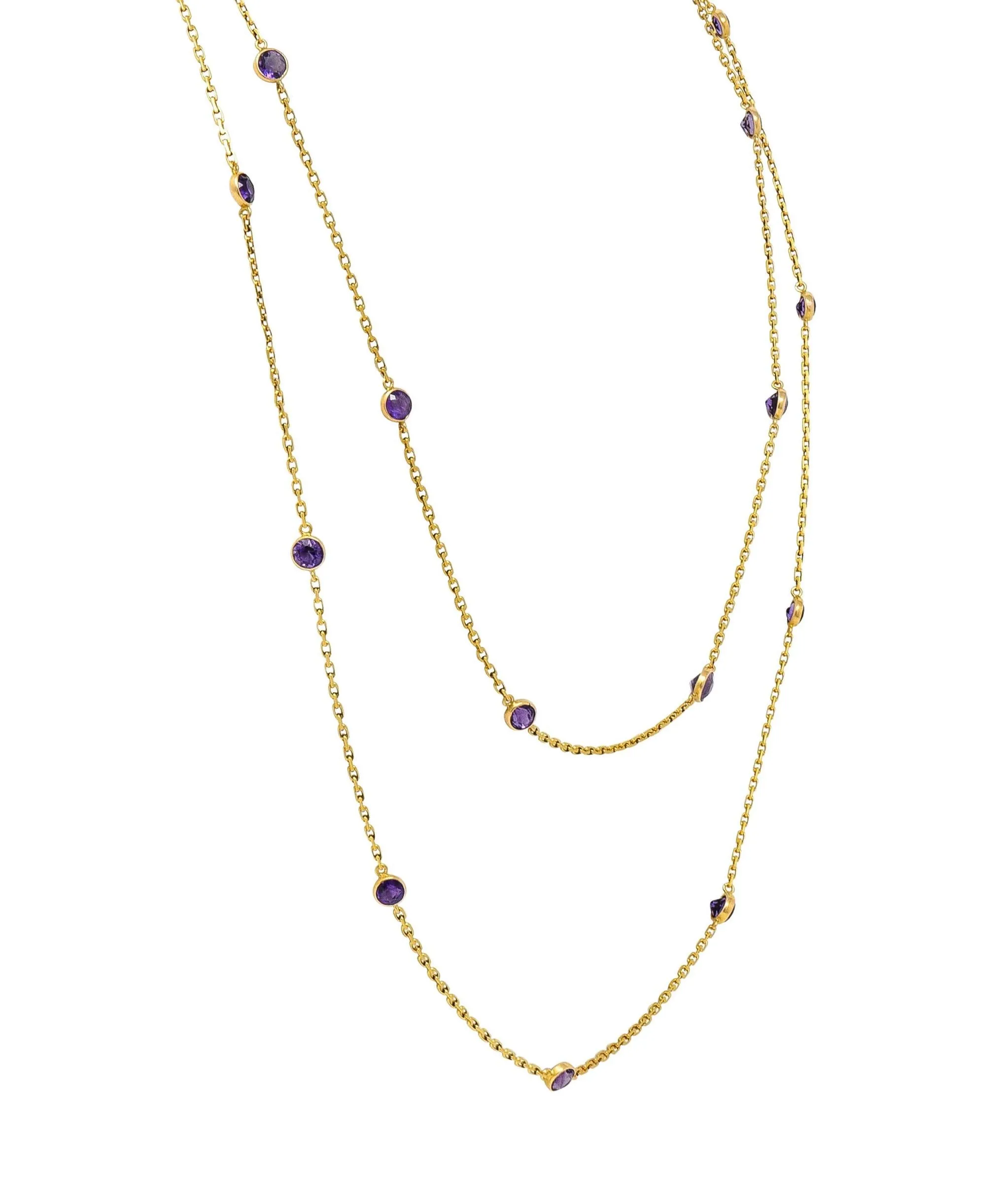 Victorian Amethyst 18 Karat Yellow Gold 59 IN Long Antique Station Chain Necklace