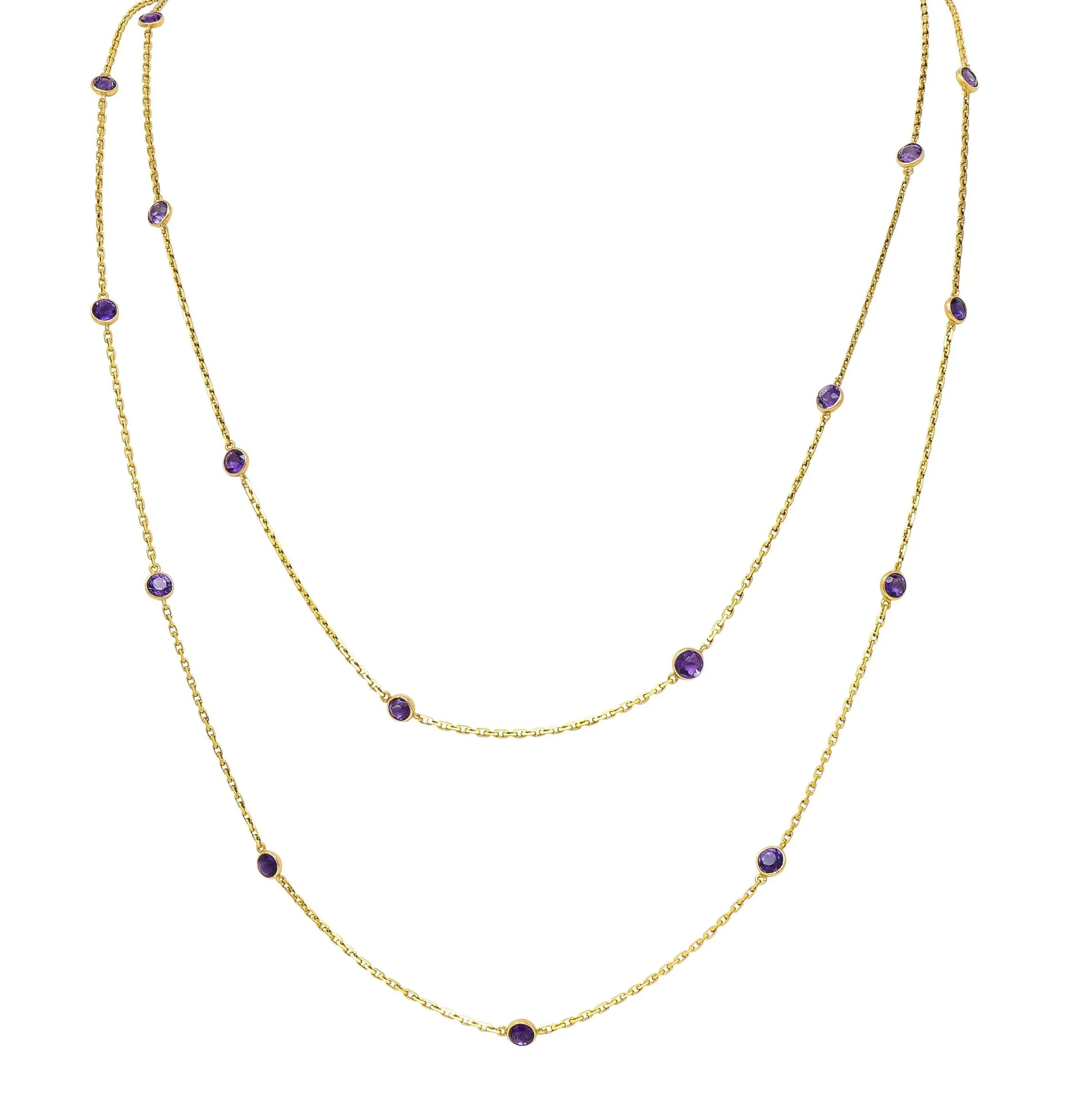 Victorian Amethyst 18 Karat Yellow Gold 59 IN Long Antique Station Chain Necklace
