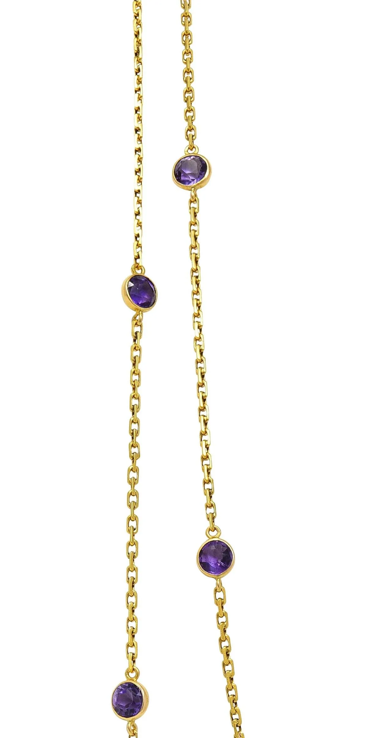 Victorian Amethyst 18 Karat Yellow Gold 59 IN Long Antique Station Chain Necklace
