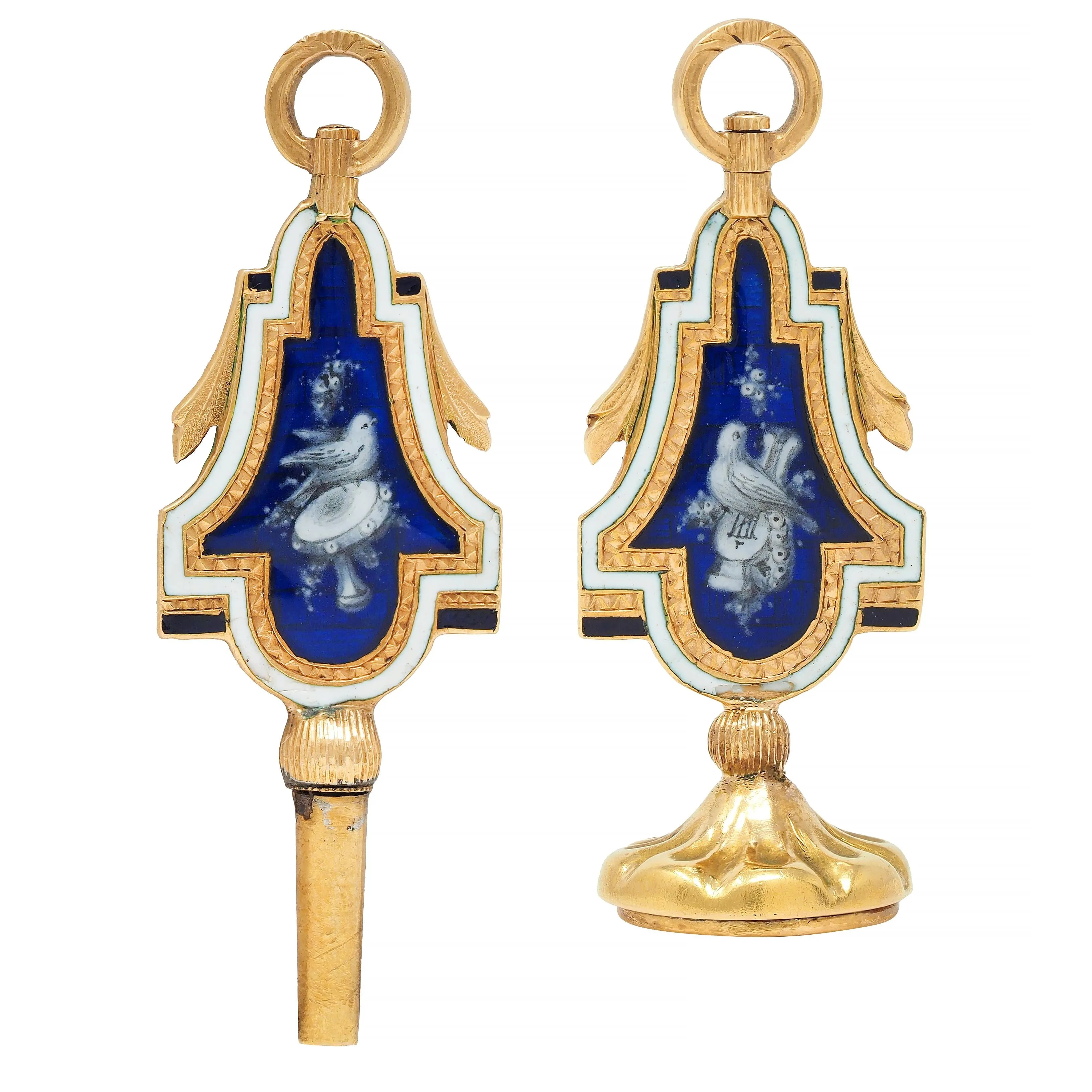 Victorian Blue Enamel 18 Karat Yellow Gold Bird Antique Bird Fob Pendant Set