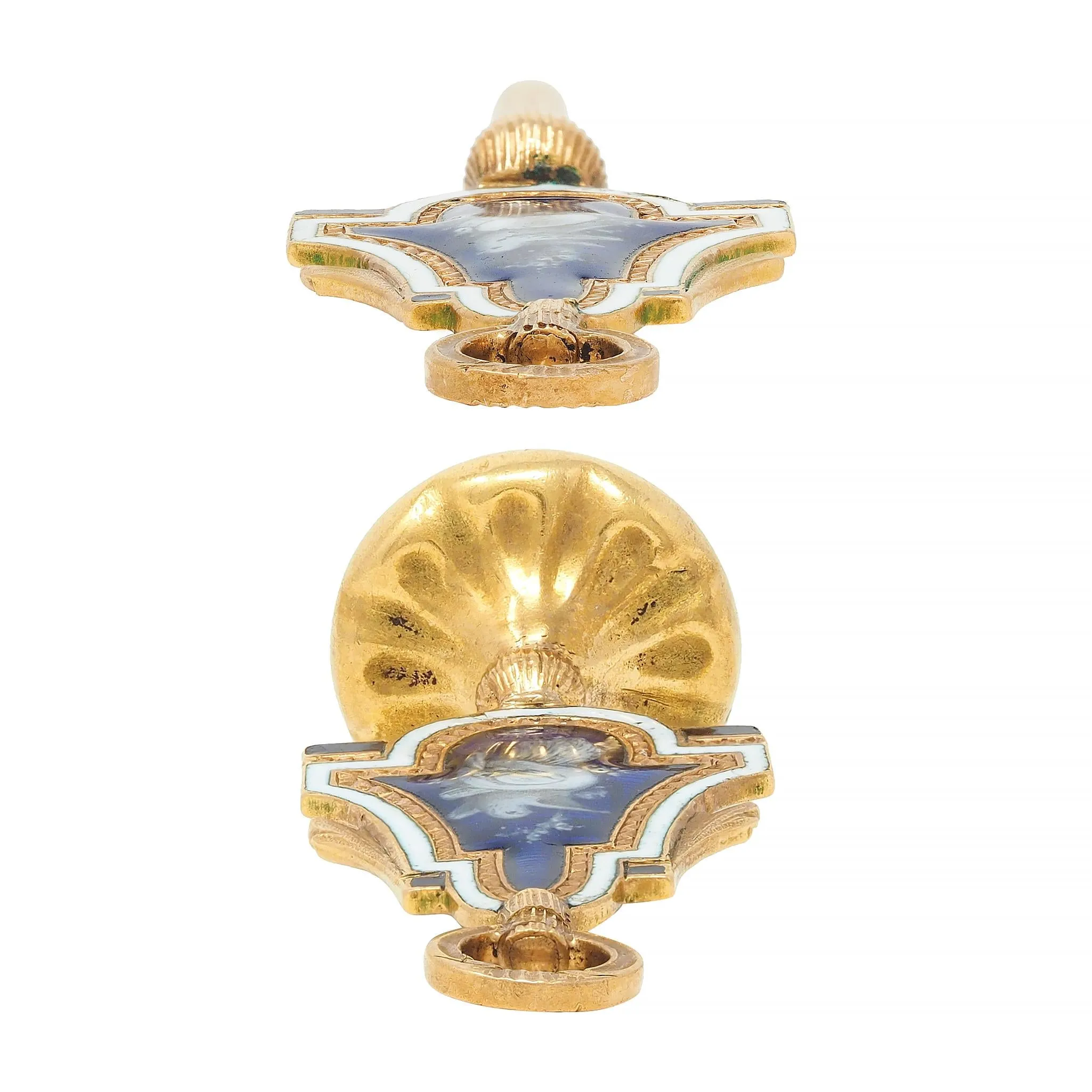 Victorian Blue Enamel 18 Karat Yellow Gold Bird Antique Bird Fob Pendant Set
