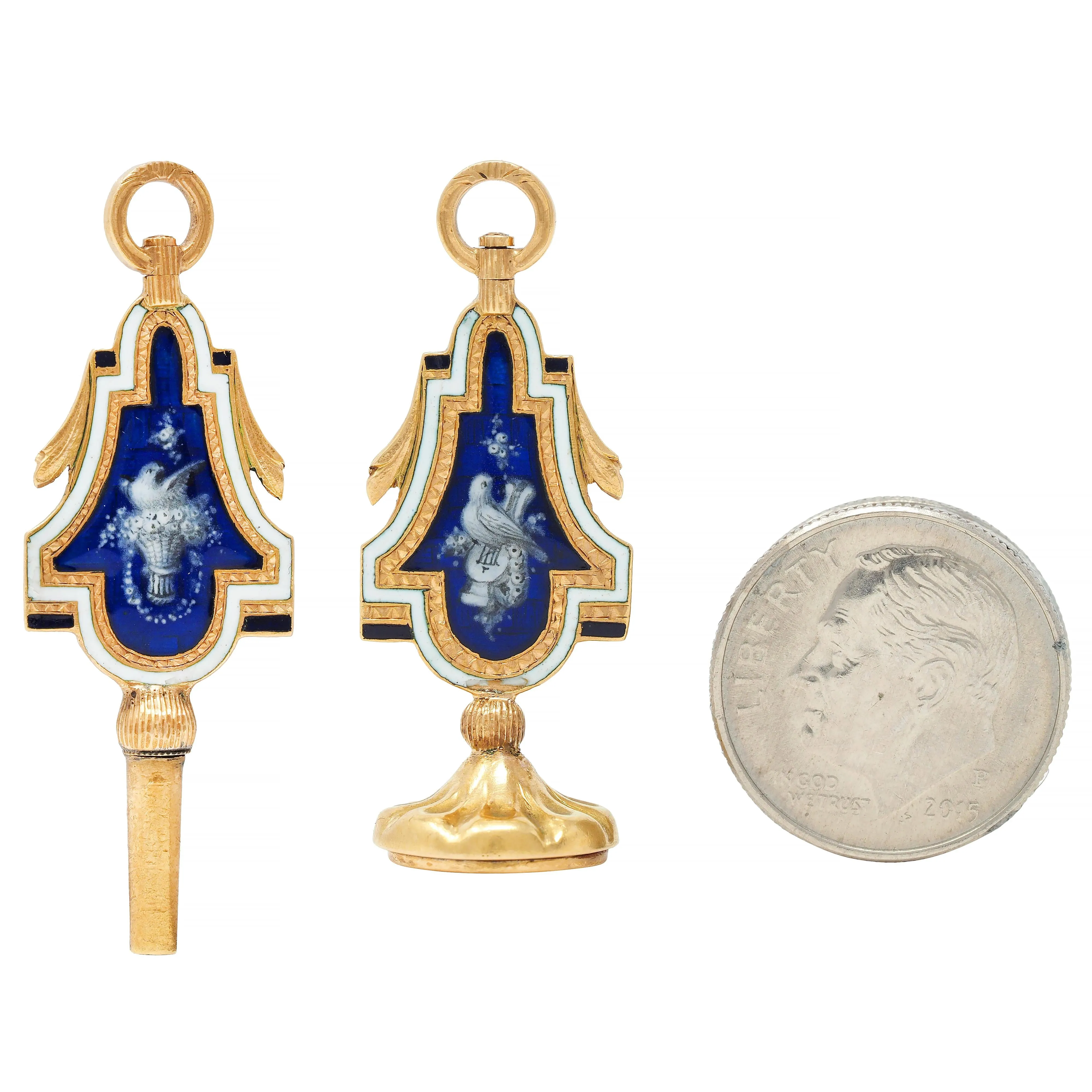 Victorian Blue Enamel 18 Karat Yellow Gold Bird Antique Bird Fob Pendant Set
